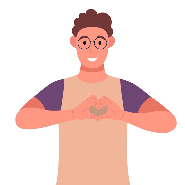 Вектор Кудрявый молодой человек в очках делает или жестикулирует пальцами символ сердца векторная иллюстрация