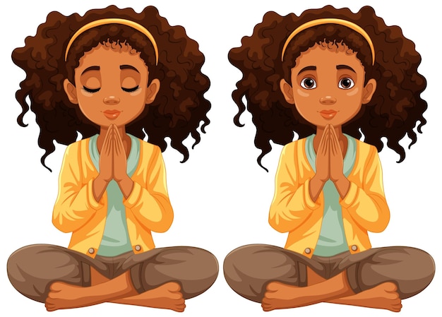 Vector curlyhaired vrouw zitten en bidden in meditatie