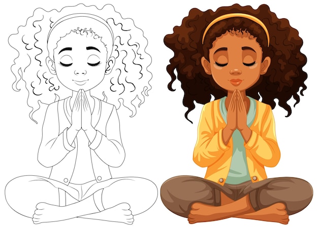 Vector curlyhaired woman meditating with closed eyes