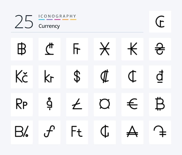 Currency 25 Line Filled icon pack including kip money franc coin denarius