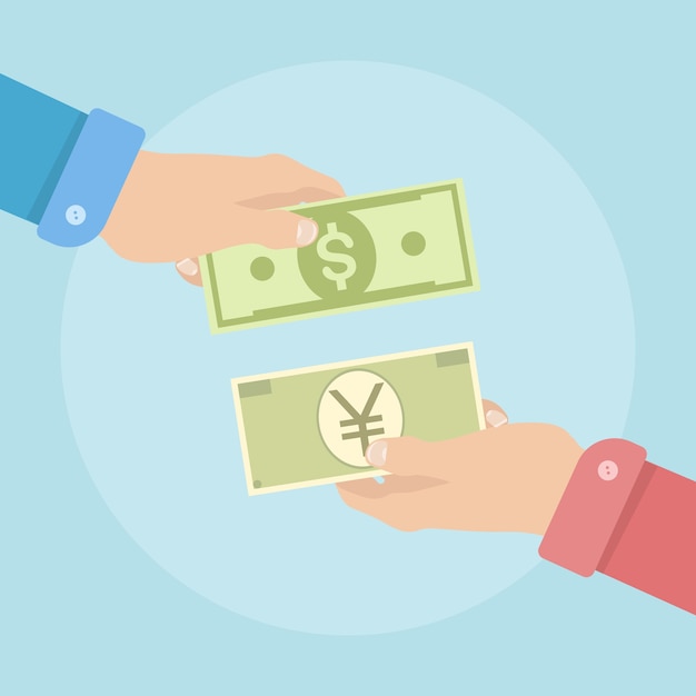 Currency exchange. Foreign money transfer. Dollar, yen (yuan) symbol.
