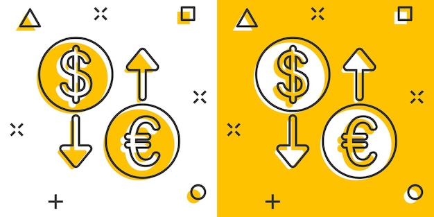 コミック スタイルの通貨両替アイコン ドル ユーロ転送漫画ベクトル図分離白地金融プロセス スプラッシュ効果ビジネス コンセプト