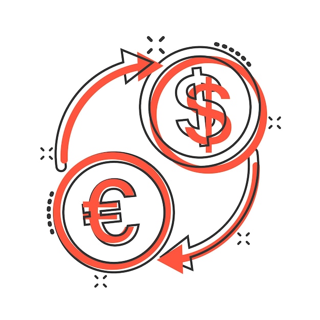 ベクトル コミック スタイルの通貨両替アイコン ドル ユーロ転送漫画ベクトル図分離白地金融プロセス スプラッシュ効果ビジネス コンセプト