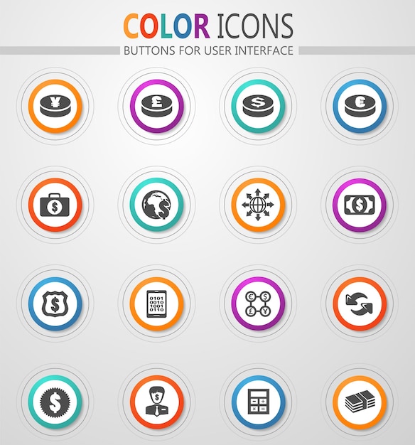 Currency exchange icons on round white buttons with color strokes