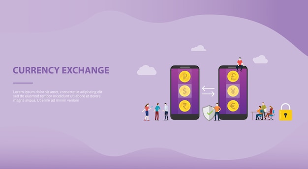 Currency exchange money concept with mobile apps for website template or landing homepage