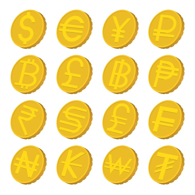 Набор иконок валюты в мультяшном стиле, изолированные