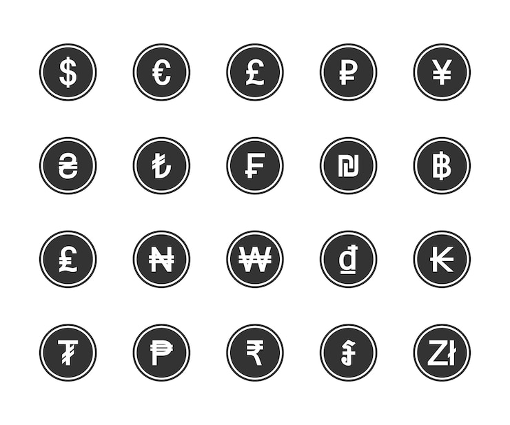 Vector 通貨のアイコンを設定 最も使用される通貨記号 フラット ベクトル図