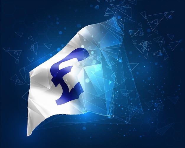 Vector currency pounds, flag, virtual abstract 3d object from triangular polygons on a blue background