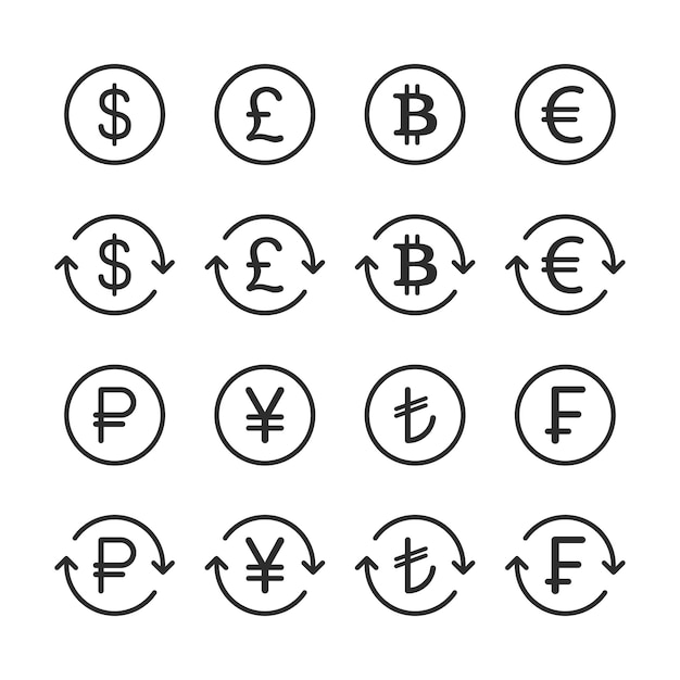 Вектор Наборы значков символов валюты и наборы значков линий обмена валюты
