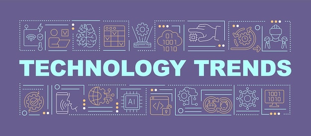 Current trends in technology word concepts purple banner Digital industry Infographics with icons on color background Isolated typography Vector illustration with text ArialBlack font used