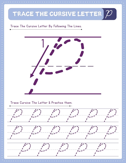 Cursief handschrift hoofdletter alfabet traceren oefenwerkblad met pijlrichting P