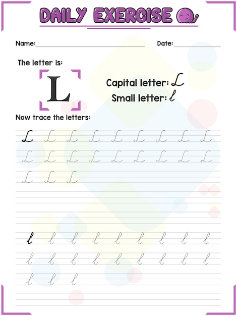 Cursieve Alfabetletter Tracing Oefening en Handschrift Oefening voor kleuterschool kind