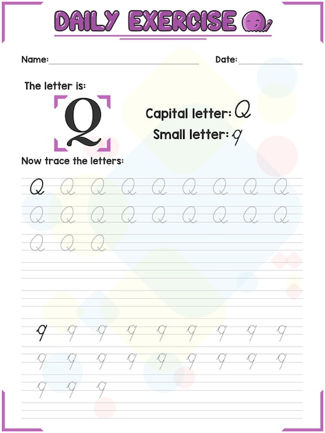 Cursive alphabet letter tracing practice and handwriting exercise for kindergarten school kid