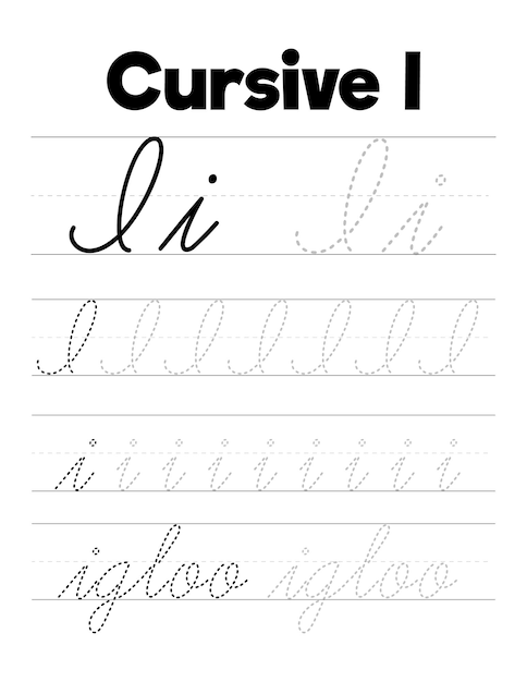 Vector cursive handwriting practice worksheets for kids
