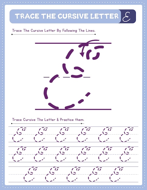 Vector cursive handwriting uppercase letter alphabet tracing practice worksheet with arrow direction e