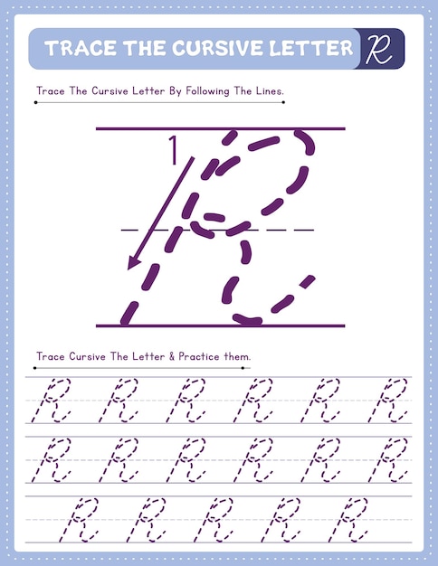 Cursive handwriting uppercase letter alphabet tracing practice worksheet with arrow direction R
