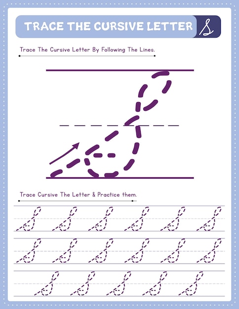 Foglio di lavoro pratico per la tracciatura dell'alfabeto con lettere maiuscole della scrittura a mano con direzione della freccia s
