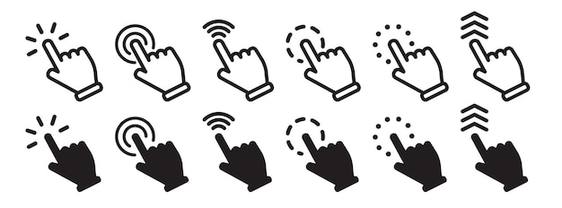 Cursor and click pointer icons set with hand gesture symbols for web interface on transparent backgr