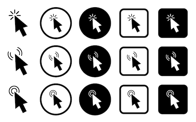 指標點擊圖標 點擊指標或指針圖標 箭頭圖標設定和加載圖標點擊鼠標指標圖標 矢量插圖