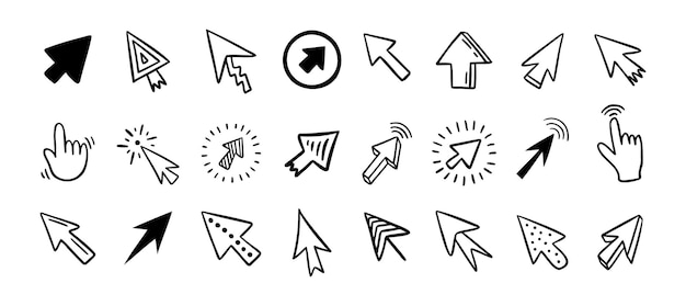 Cursor doodle icon set Klikcursor handgetekende set geïsoleerde muiscursor