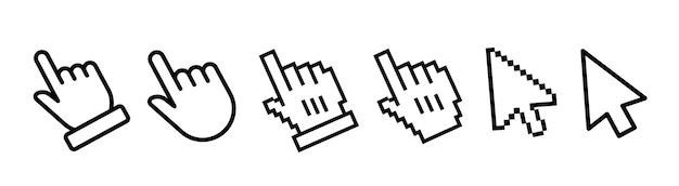 벡터 커서 손과 마우스 화살표 아이콘을 설정합니다. 앱 및 웹 사이트에 대한 커서 클릭을 계산합니다.