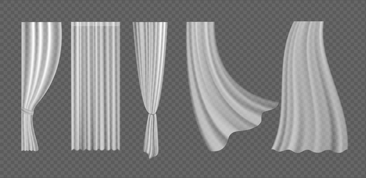 Вектор шторы 3d реалистичная развевающаяся коллекция из белой ткани шелковой ткани для оформления окон