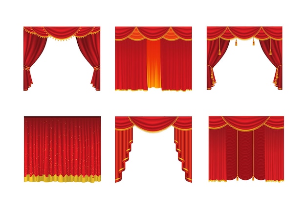 Vector curtains - realistic vector set of red drapes - open and close. white background. high quality clip art for presentations, banners and flyers, depicting cinema, concert and prize award illustrations.