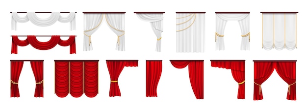 Curtains set red white curtain isolated textile theater drape collection hanging fabric with golden ropes show cinema anniversary entertainment advertising vector elements