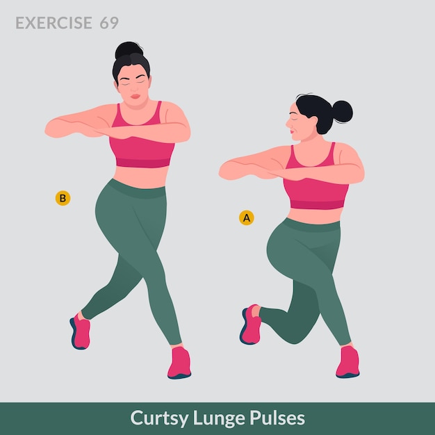 Curtsy lunge pulsen oefening, vrouw workout fitness, aerobics en oefeningen.