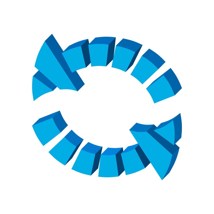 Vector curved blue arrow cartoon icon arrow from separate parts on a white background