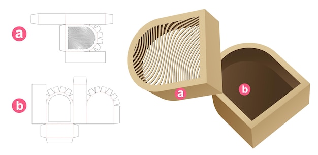 ステンシルされた湾曲パターンの蓋ダイカットテンプレートと 3D モックアップを備えた湾曲した面取りトレイ