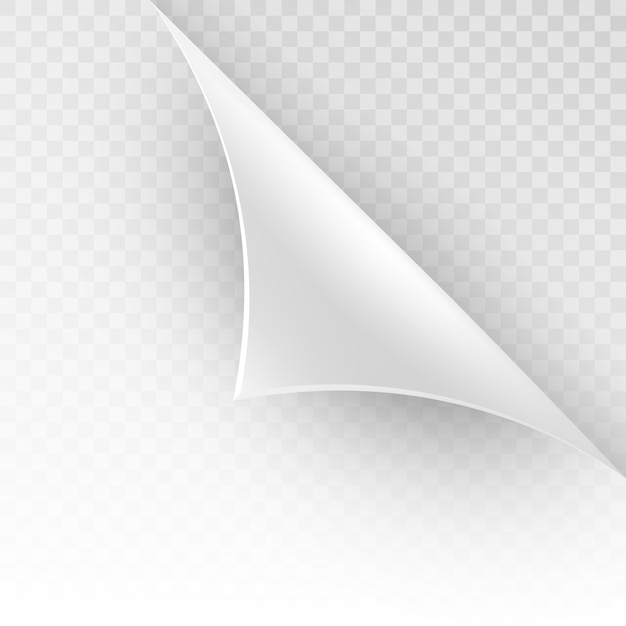 Vector curved corner of a white paper with shadow. close-up of mock-ups for your  on a transparent background. and also includes