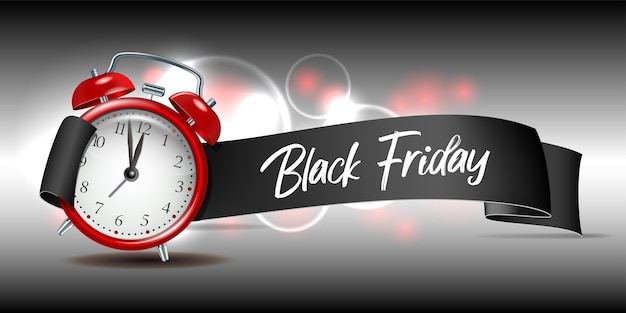 Vector curved paper banner ribbon with black friday inscription and realistic red alarm clock