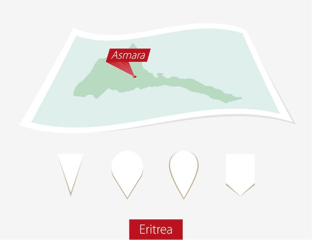 Mappa cartacea curva dell'eritrea con la capitale asmara su sfondo grigio