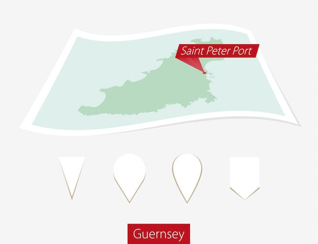 Curved paper map of Guernsey with capital Saint Peter Port on Gray Background Four different Map pin set