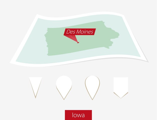 Vettore mappa cartacea curva dello stato dell'iowa con la capitale des moines su sfondo grigio quattro diversi set di pin della mappa