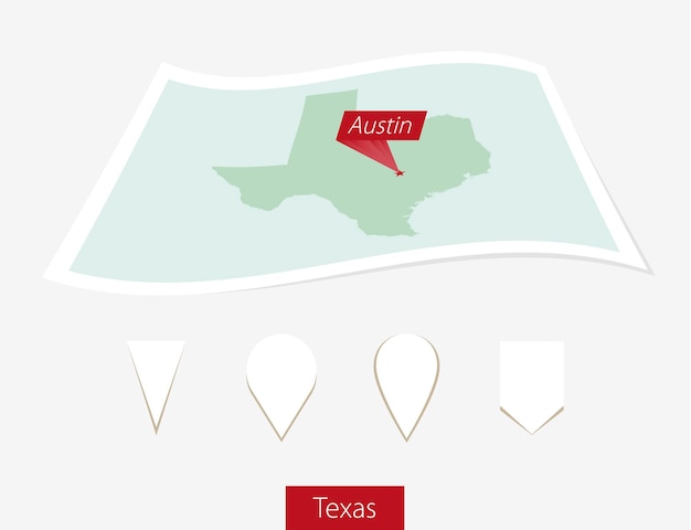 Curved paper map of Texas state with capital Austin on Gray Background Four different Map pin set