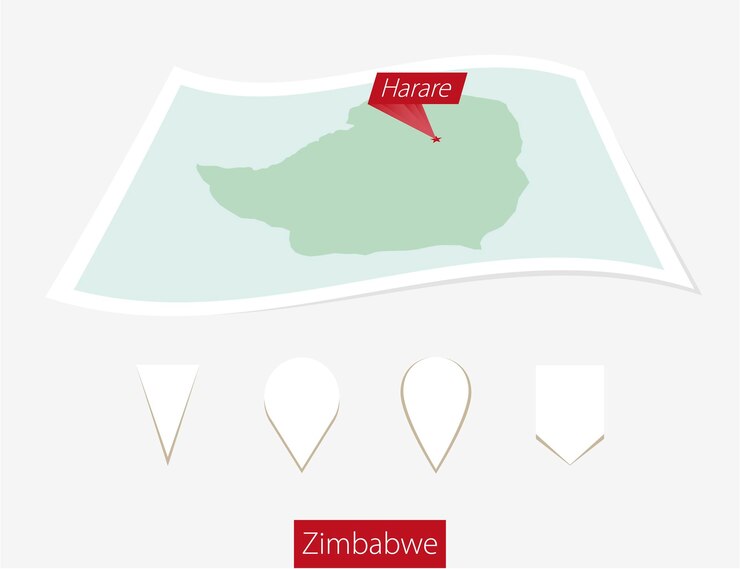 Vector curved paper map of zimbabwe with capital harare on gray background four different map pin set vector illustration