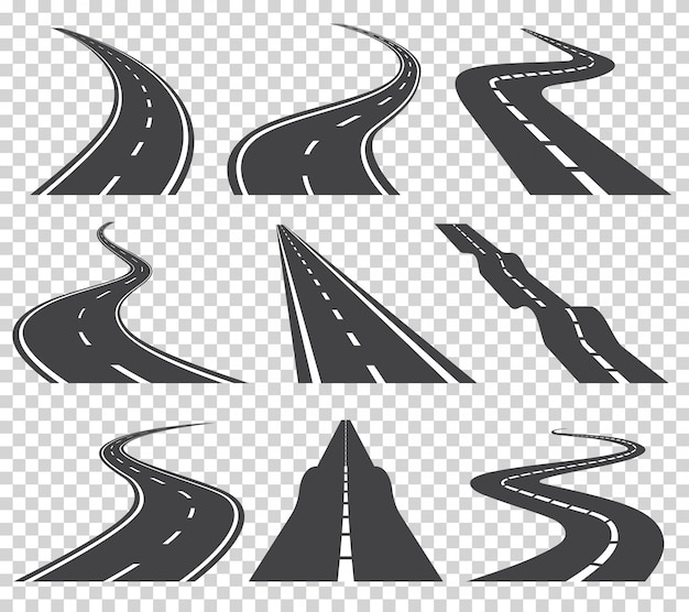 Insieme di vettore di strade curve. strada asfaltata o strada principale della strada della strada e di modo. tortuosa strada tortuosa o autostrada con marcature