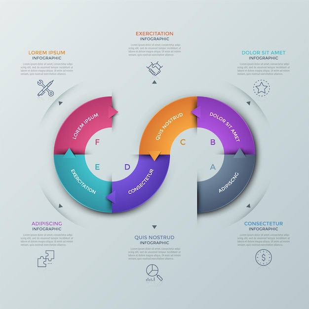 Curved stripe divided into 6 colorful parts with arrows pointing at thin line icons and text boxes. Concept of process with six successive steps. Infographic design template. Vector illustration.