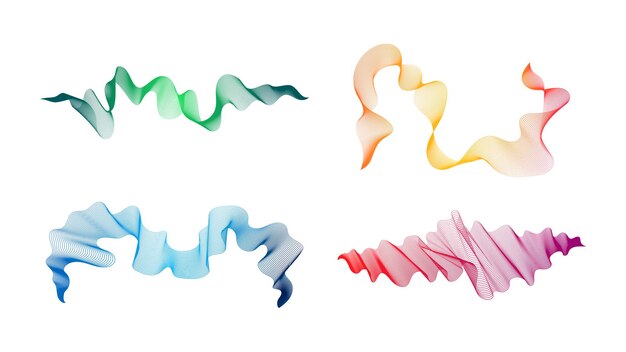 Curved wavy stripes Set of four abstract colored gradient wave lines on white background Vector illustration