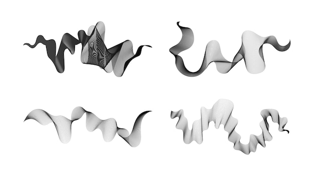 곡선 물결 모양 줄무늬 흰색 배경 벡터 그림에 있는 4개의 추상 어두운 그라데이션 웨이브 라인 세트