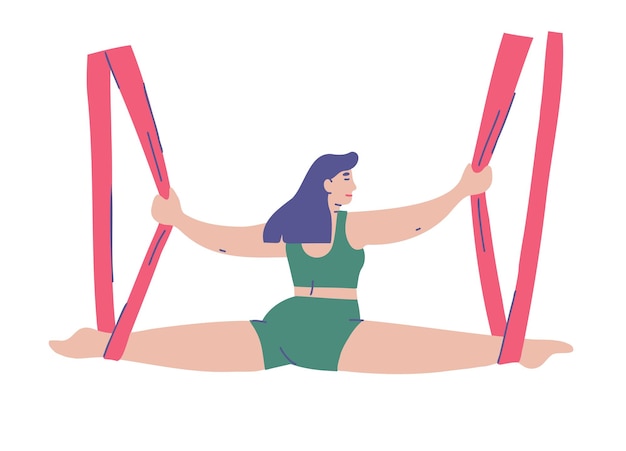 Vector curvy woman aero stretching female character practicing aerial yoga hand drawn vector illustration