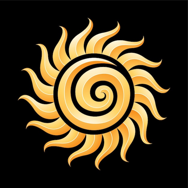 Curvy Yellow Embossed Spiral Sun Icon on Black Background