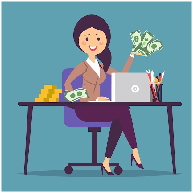 Vector custom businesswoman who works on pc and earn money vector