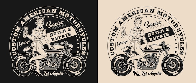 Custom motorcycle repair service label with pretty woman holding spanner and standing near motorbike