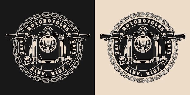 Custom motorcycle round vintage badge with metal chain and front view of classic motorbike in monochrome style