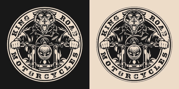 Custom motorcycle round vintage label with ferocious panther in biker jacket riding motorbike in monochrome style