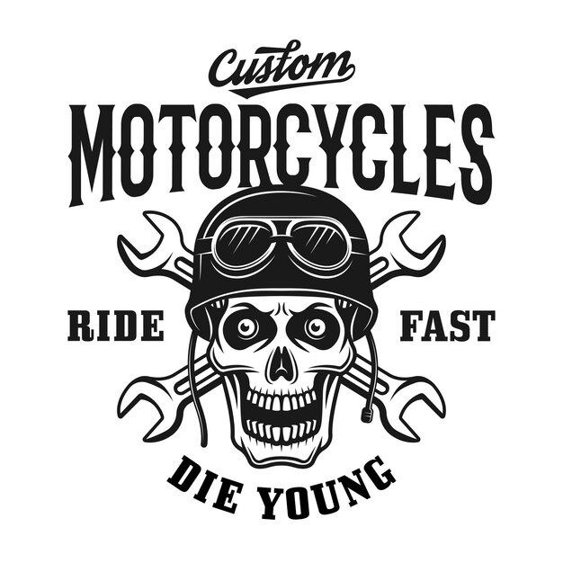 Custom motorcycles vintage emblem, label, badge or logo with skull in helmet