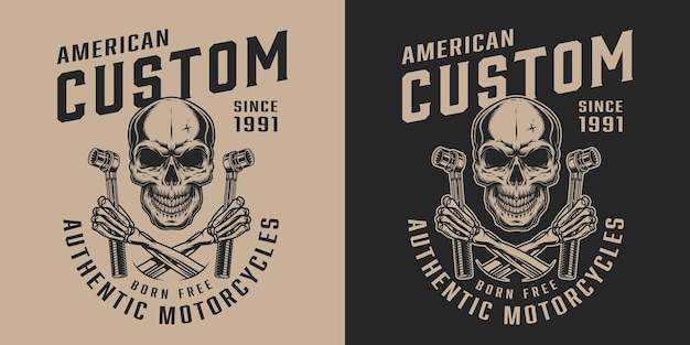 Custom motorycle service vintage label with skull and crossed skeleton hands holding socket wrenches in monochrome style